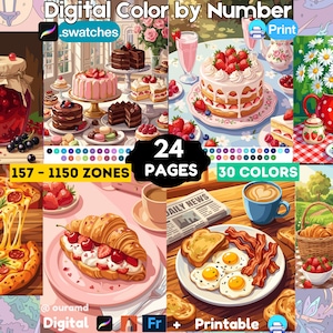 24 Food Color by Number Pages for Adults | Procreate, Printable, SVG (Digital Download)
