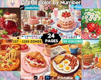 24 Printable Food Color by Number for Adults | Procreate Coloring Pages | Coloring Printable Wall Art | PNG PDF SVG