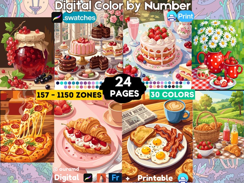 May include: A digital color by number set featuring 24 pages with 157 to 1150 zones and 30 colors. The collection includes illustrations of a jar of red berries, various cakes, a strawberry cake, daisies in a red teapot, pizza, a croissant, and breakfast.