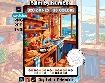 Seaside Kitchen Color by Number for Adults | Procreate Coloring Page | Coastal Coloring Printable Wall Art | PNG PDF SVG