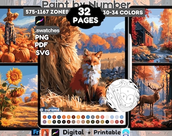 32 Autumn Color by Number Pages for Adults | Printable PDF Bundle + Procreate Palettes