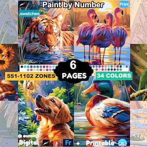 Peut inclure: Un ensemble de peinture par numéros numérique comprenant 6 pages avec 34 couleurs et 551-1102 zones. Les images incluent un tigre, des flamants roses, un chat avec des tournesols, un chien, un canard et un perroquet. Texte : Paint by Number, 6 PAGES.
