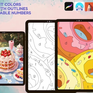 May include: Digital paint-by-number templates displayed on three tablet screens. The left screen shows a finished strawberry cake scene. The middle screen shows a black and white line art outline. The right screen shows a partially colored section.