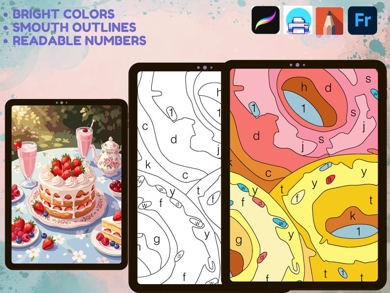 May include: Digital paint-by-number templates displayed on three tablet screens. The left screen shows a finished strawberry cake scene. The middle screen shows a black and white line art outline. The right screen shows a partially colored section.