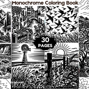 Könnte beinhalten: Ein monochromes Malbuch mit 30 Seiten schwarz-weißen Illustrationen. Das Cover zeigt verschiedene Szenen, darunter Berglandschaften, einen Kanal, einen Vogelschwarm, einen Wasserfall, eine Windmühle und ein sonniges Blumenfeld.