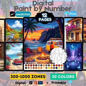 May include: A digital paint by number set featuring 12 pages with 300-1000 zones and 30 colors. The collection includes various scenes like a beach sunset with a van, a cat, a desert, and floral arrangements. It is available in digital and printable formats.