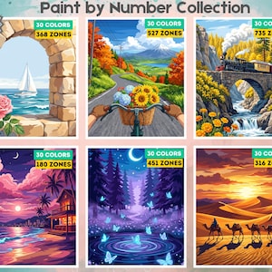 Puede incluir: Una colecci&oacute;n de pintura por n&uacute;meros de 24 p&aacute;ginas con seis ilustraciones distintas. Cada imagen muestra una etiqueta de 30 colores y un n&uacute;mero de zonas, incluyendo escenas de un velero, bicicleta, tren, playa, bosque y desierto.