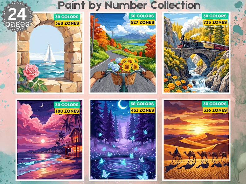 Puede incluir: Una colecci&oacute;n de pintura por n&uacute;meros de 24 p&aacute;ginas con seis ilustraciones distintas. Cada imagen muestra una etiqueta de 30 colores y un n&uacute;mero de zonas, incluyendo escenas de un velero, bicicleta, tren, playa, bosque y desierto.