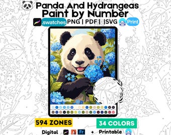 Panda Hortensia's Schilderen op Nummer, Dierlijke Bloemen Kleurplaat (Digitale Download)