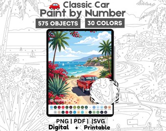 Oldtimer strand verf op nummer – Summer Procreate Landscape PNG PDF SVG (digitale download)