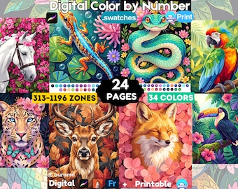24 Printable And Procreate Color by Number for Adults | Procreate Coloring Page | Animal Coloring Printable Wall Art | PNG PDF SVG