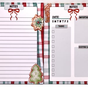 May include: A Christmas-themed notepad with a red and green plaid border. The notepad features a lined notes section, a task list, and a shopping list. Gingerbread and Christmas tree illustrations decorate the corners. The word "NOTES" is at the top.