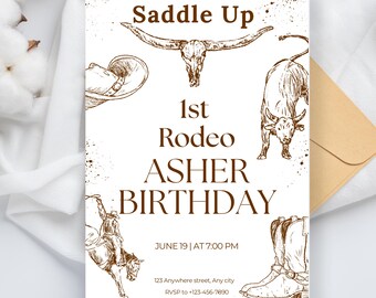 Invitación para el primer rodeo, invitación de cumpleaños de vaquero, invitación para fiesta del oeste, cumpleaños country western, invitación de cumpleaños rústica, imprimible digital