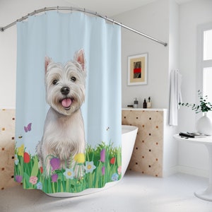West Highland White Terrier Shower Curtain, Westie Decor, Floral Shower Curtain, Bathroom Decor, Housewarming Gift, Westie Gifts