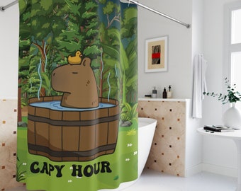 Capybara Shower Curtain, Funny Cappy Hour Shower Curtain, Colorful Bathroom Decor, Capybara Decor