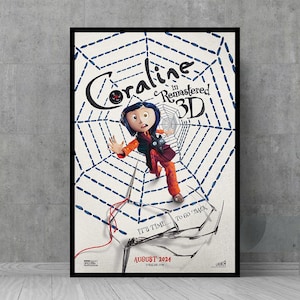 2024 Coraline em pôster de filme 3D remasterizado - Arte de parede - Pôsteres vintage - Decoração de parede retrô - Colecionáveis de fãs de cinema