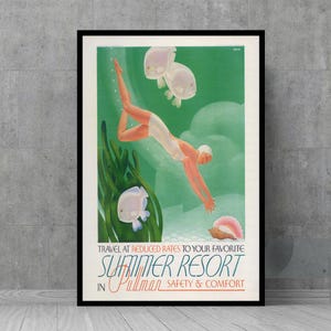 Summer Resort in Pullman Deco Reisefilm Poster - Wand Kunst - Vintage Poster - Retro Wand dekor - Film Fan Sammlerstücke