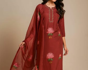 Pakistani Designer Maroon Color Embroidered with Sequence Work Salwar Kameez With Dupatta, Pakistani Sharara Suit, Party Wear, Wedding Suits