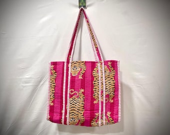 Cotton tote bag, Handmade pink tiger print design, Perfect for everyday shopping and casual outings, Great gift for animal lovers
