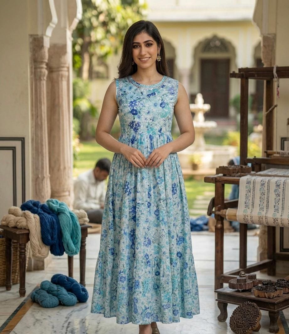 Block Print Dress Green Blue - Etsy