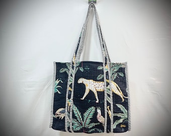 Cotton tote bag Handmade tiger print Cotton tote bag Black Stylish Casual Shoulder Bag Great Gift