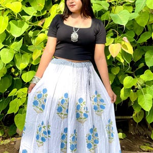 Hand Block Printed Cotton Skirt, Gathered Skirt, Boho Chic Long Skrit, Mughal Floral Motif Skirt, Jaipur Cotton Hand Block Printed Skirt