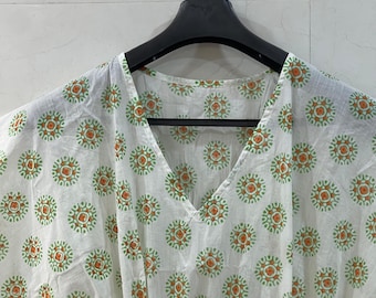 Handmade Cotton Flower Print Kaftan Kimono, Plus Size Beach Cover-Up