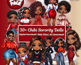 May include: A digital download graphic featuring over 30 chibi sorority dolls. The dolls are diverse, with various hairstyles and outfits, including red dresses, denim skirts, and business attire. The image includes the text "30+ Chibi Sorority Dolls" and "Digital Download | PNG Files | AI Generated."