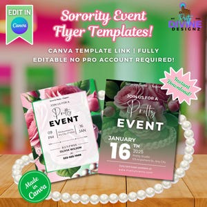 Puede incluir: Plantillas de folletos para eventos de hermandad con detalles florales y perlas. Los folletos presentan el texto "Pretty Event" y los detalles del evento. El diseño incluye el texto "Edit in Canva" y "Instant Download!"