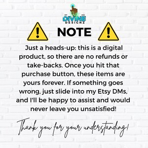 K&ouml;nnte beinhalten: Hinweis zu einem digitalen Produkt mit gelben Gefahrensymbolen und dem Wort "NOTE". Der Text erkl&auml;rt, dass das Produkt nicht erstattungsf&auml;hig ist und fordert Kunden auf, sich bei Bedarf an den Verk&auml;ufer zu wenden. Das Divine Designz-Logo befindet sich oben.
