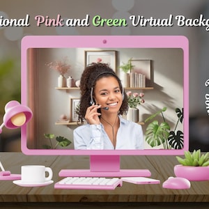 Könnte beinhalten: Ein pinkfarbener Computermonitor zeigt eine Frau mit Headset, zusammen mit einer pinkfarbenen Schreibtischlampe, Tastatur und Maus. Logos von Zoom, Webex, Twitch, Skype und Microsoft Teams sind sichtbar. Der Text lautet "Professional Pink and Green Virtual Backgrounds."