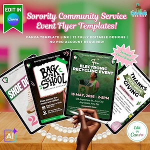 May include: Digital flyer templates for sorority community service events. The image shows four tablet screens displaying event flyers for a shoe drive, a back-to-school backpack giveaway, an electronic recycling event, and a Thanksgiving food drive.