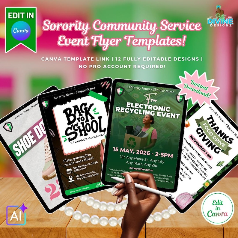 May include: Digital flyer templates for sorority community service events. The image shows four tablet screens displaying event flyers for a shoe drive, a back-to-school backpack giveaway, an electronic recycling event, and a Thanksgiving food drive.