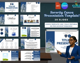 Sorority Presentation Template: Blue and White, 20 Slides (Canva and PowerPoint Compatible)