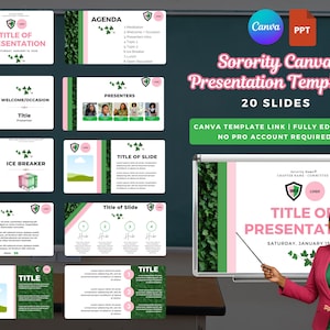 May include: A digital presentation template set featuring twenty slides with a white background, pink accents, and green ivy leaf patterns. The slides include placeholders for titles, agendas, presenter photos, and bulleted lists for organizational use.