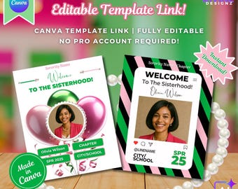 Sorority Pink and Green Welcome Flyers: Editable Canva Templates, New Member Announcement | 1908