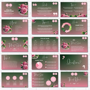 K&ouml;nnte beinhalten: Eine Sammlung von Pr&auml;sentationsfolien mit einem gr&uuml;nen und rosa Farbverlauf im Hintergrund. Jede Folie enth&auml;lt Text, rosa Rosen und Perlenakzente. Titel sind "Titel der Pr&auml;sentation", "Agenda", "Thema 1", "Thema 2" und "Fragen?"