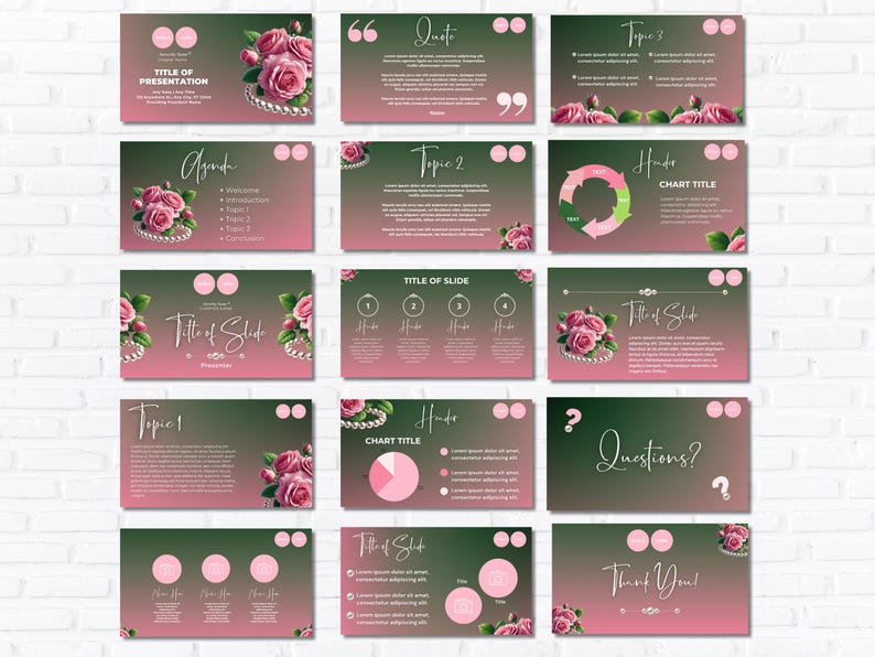 K&ouml;nnte beinhalten: Eine Sammlung von Pr&auml;sentationsfolien mit einem gr&uuml;nen und rosa Farbverlauf im Hintergrund. Jede Folie enth&auml;lt Text, rosa Rosen und Perlenakzente. Titel sind "Titel der Pr&auml;sentation", "Agenda", "Thema 1", "Thema 2" und "Fragen?"
