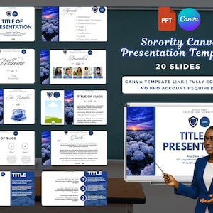 Sorority Presentation Template: Blue and White Floral, 20 Slides (Canva and PowerPoint Compatible)