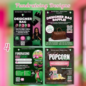 May include: Four promotional flyers for fundraising events. The designs include a Designer Bag Bingo, a Designer Bag Raffle, a Golf Event, and a Popcorn sale. Each flyer features event details, dates, and QR codes.