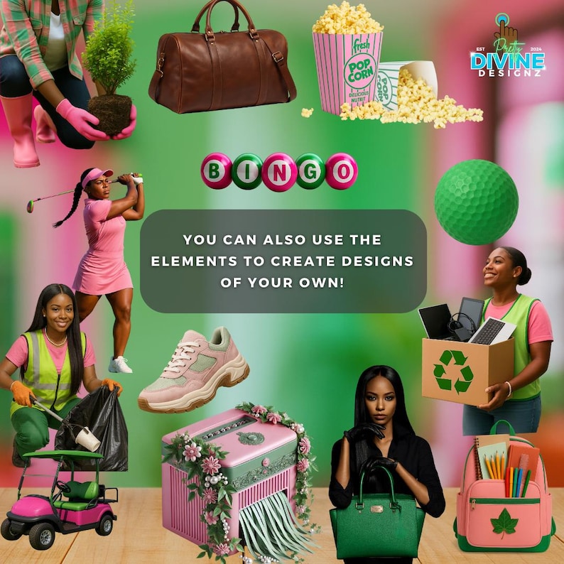 May include: A vibrant collage featuring a brown leather holdall, a popcorn container, and a green golf ball. The word "BINGO" is displayed in pink and green. The text "YOU CAN ALSO USE THE ELEMENTS TO CREATE DESIGNS OF YOUR OWN!" is also visible.
