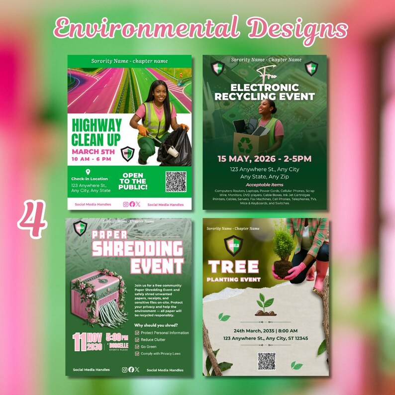 May include: Four flyers promoting environmental events, including highway clean-up, electronic recycling, paper shredding, and tree planting. The flyers have a green and pink colour scheme and include QR codes for more information.