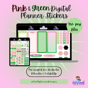 May include: A digital planner sticker set with 350 PNG files. The stickers are pink and green and feature a variety of designs, including boxes, banners, and text. The stickers are pre-cropped for Goodnotes, Kilonotes, and Notability.