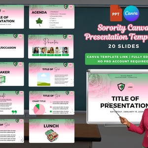Op de afbeelding: Een Canva-presentatiesjabloon in roze en groen, met de tekst "Sorority Canva Presentation Template!" en "20 Slides". Het sjabloon bevat dia's voor agenda, presentatoren en andere presentatie-elementen. Een vrouw in een roze blazer wijst naar een presentatiebord.