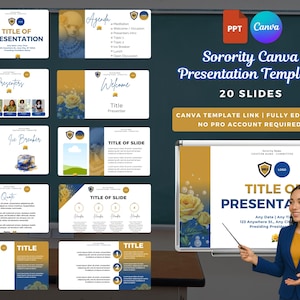 Könnte beinhalten: Eine Präsentationsvorlage mit einem marineblauen und goldenen Farbschema. Die Vorlage enthält 20 Folien mit Titeln wie "Titel der Präsentation", "Präsentatoren" und "Titel der Folie". Der Text "Sorority Canva Presentation Template!" wird angezeigt.