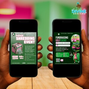 May include: Two smartphones showing event flyers. One advertises a paper shredding event with a pink shredder graphic. The other promotes a fundraising golf event with pink flamingo and golf cart graphics.