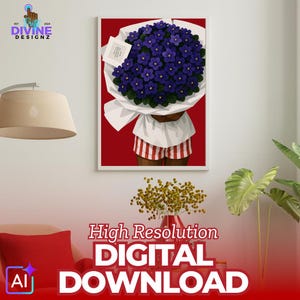 May include: A framed digital art print featuring a person holding a large bouquet of purple flowers wrapped in white paper. The person is wearing white shorts with red stripes. The background is red. Text at the bottom reads "High Resolution DIGITAL DOWNLOAD".