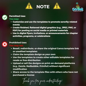 May include: A digital graphic with a green and burgundy gradient background. The image includes text about permitted and prohibited uses of templates, with a logo in the upper right corner. The text includes the words "NOTE" and "Thank you for your understanding!"