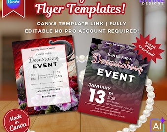 Pode incluir: Dois modelos de folhetos digitais para um evento de irmandade com designs florais, esquemas de cores vermelhas e roxas e texto incluindo Sorority Name, Devastating Event, 13 de janeiro de 2025 e detalhes de contato. Editáveis no Canva.
