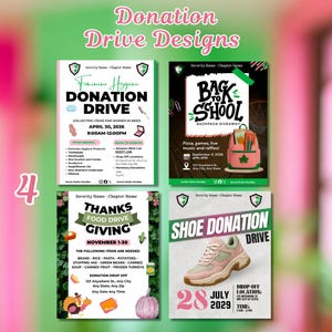 May include: Four flyers advertising donation drives. The top left flyer promotes a feminine hygiene donation drive. The top right flyer is for a back-to-school backpack giveaway. The bottom left flyer is for a food drive. The bottom right flyer is for a shoe donation drive.